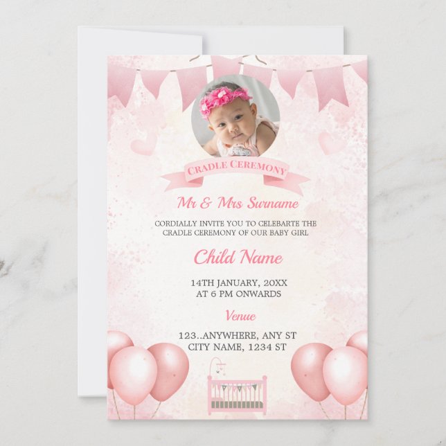 Carte d'invitation photo pour bébé berceau rose (Devant)
