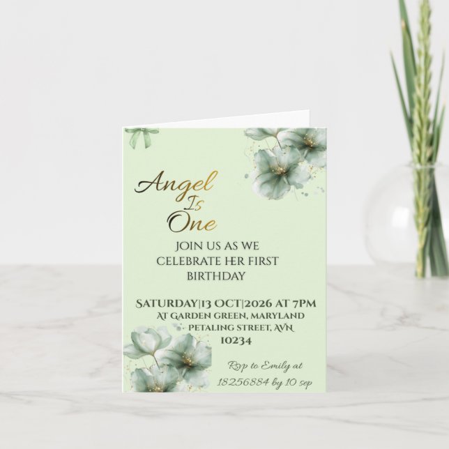Carte d'invitation pliée vert sauge| Style carte d (Devant)