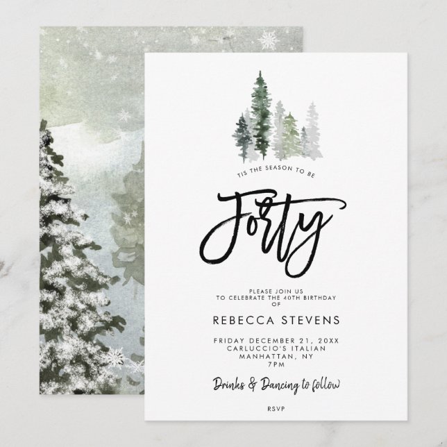 carte d'invitation pour 40 ans avec arbres hiverna (Devant / Derrière)