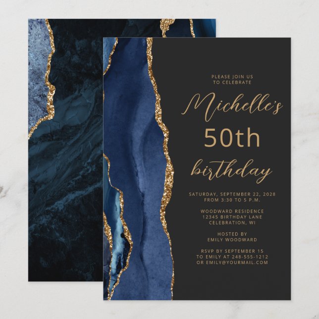 Carte d'invitation pour 50e anniversaire Navy Blue (Devant / Derrière)
