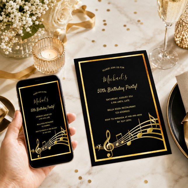 Carte d'invitation pour anniversaire noir or notes (Créateur téléchargé)
