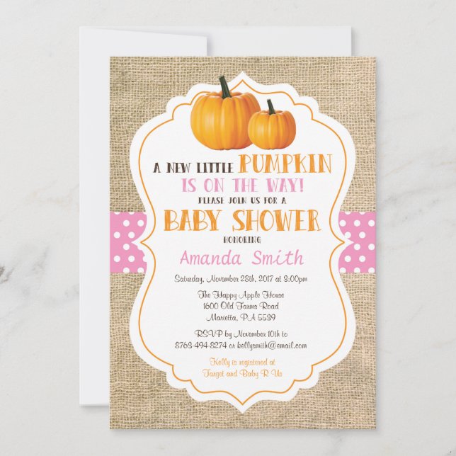 Carte d'invitation pour Baby Shower Fille Citrouil (Devant)