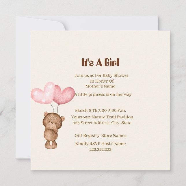     Carte d'invitation pour Baby Shower Fille Ours (Devant)