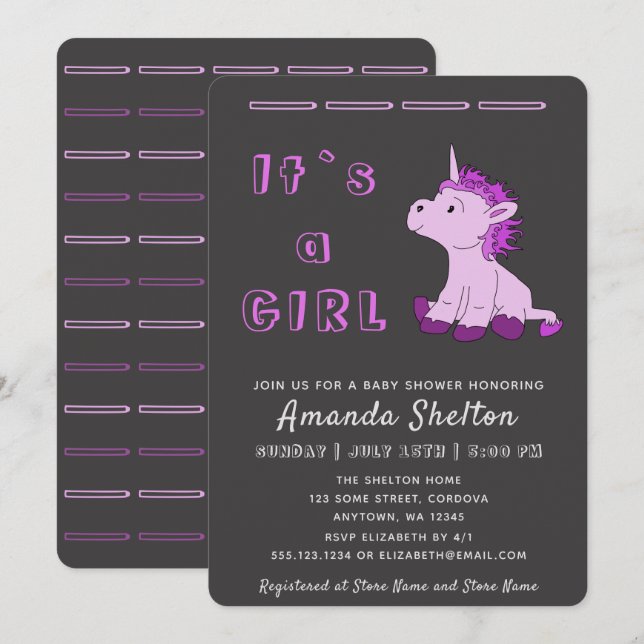 Carte d'invitation pour Baby Shower fille rose lic (Devant / Derrière)