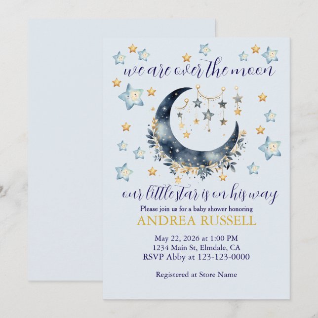 Carte d'invitation pour Baby Shower garçon Blue Mo (Devant / Derrière)