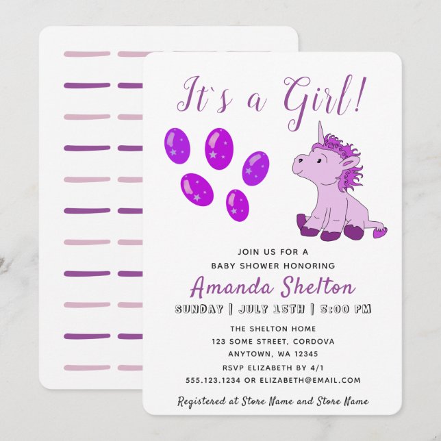 Carte d'invitation pour Baby Shower Licorne Rose F (Devant / Derrière)
