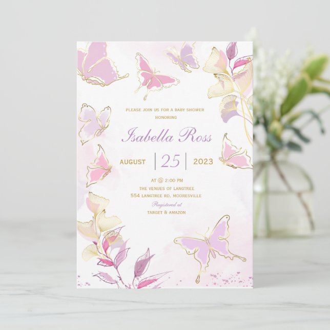 Carte d'invitation pour Baby Shower Papillon (Debout devant)