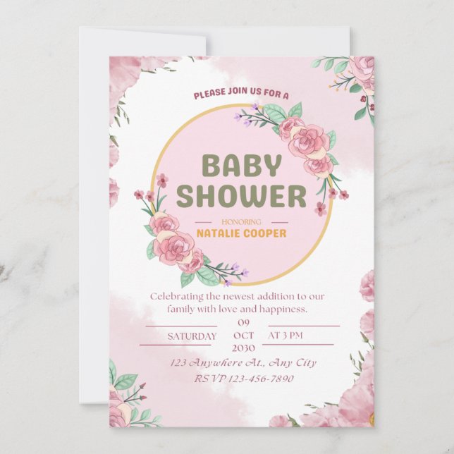 Carte d'invitation pour baby shower rose florale. (Devant)