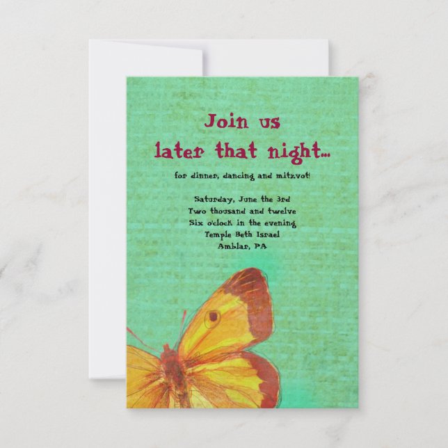 CARTE D'INVITATION POUR BAT MITZVAH PAPILLON JAUNE (Devant)