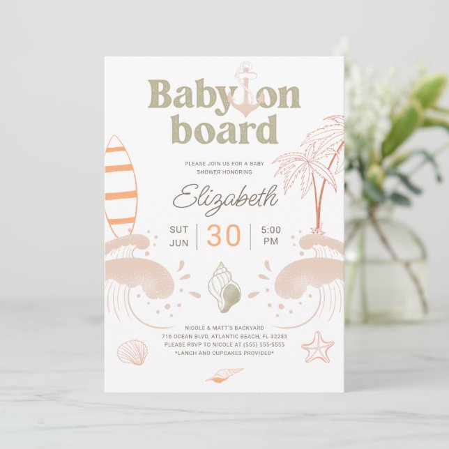 Carte d'invitation pour bébé à bord Surf Baby show (Debout devant)