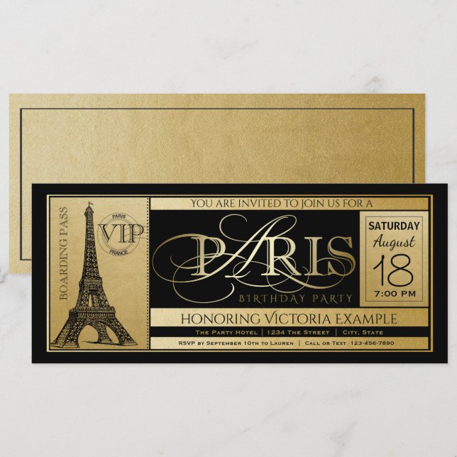 Carte d'invitation pour fête d'anniversaire à Pari (Devant / Derrière)