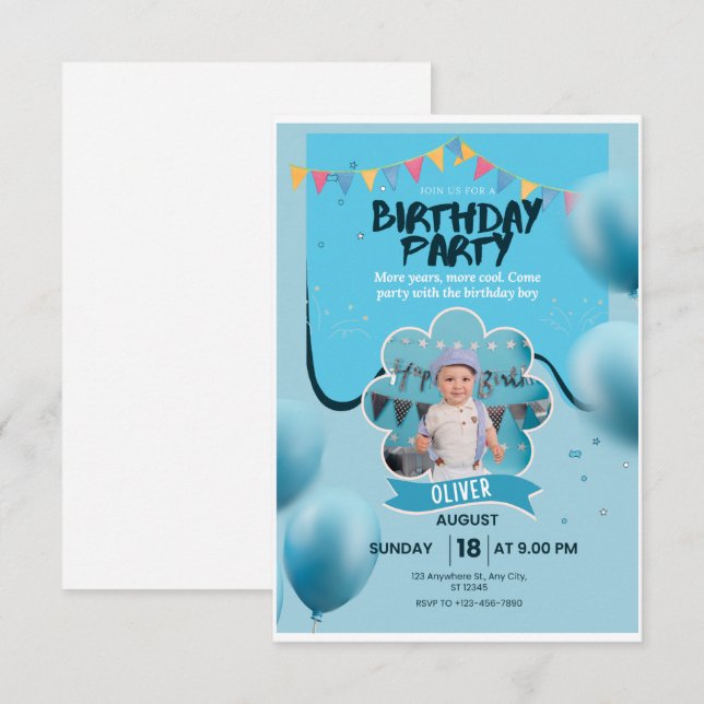 Carte d'invitation pour fête d'anniversaire Ballon (Devant / Derrière)
