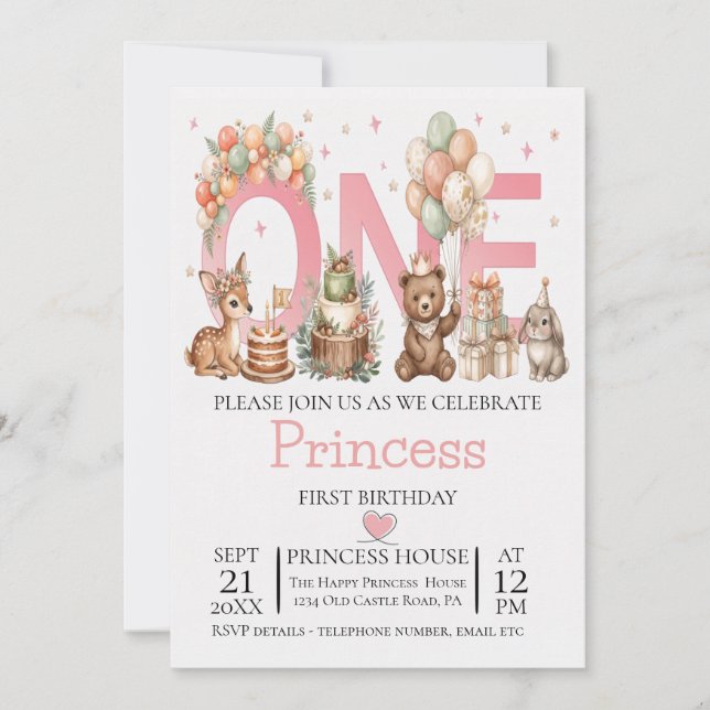 Carte d'invitation pour fille pour 1er anniversair (Devant)