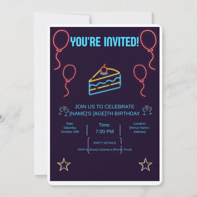 Carte d'invitation pour gâteau d'anniversaire néon (Devant)