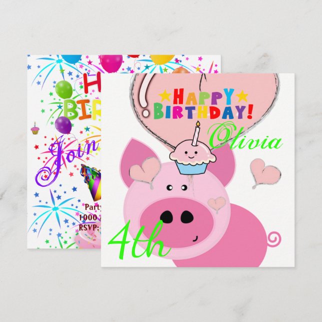 Carte d'invitation pour Joyeux Anniversaire Cochon (Devant / Derrière)