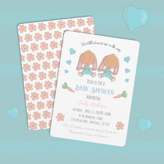 Carte d'invitation pour la baby shower de Pâques / (Twin boys bunnies spring baby shower .)