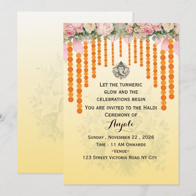 Carte d'invitation pour la cérémonie Haldi de mari (Devant / Derrière)