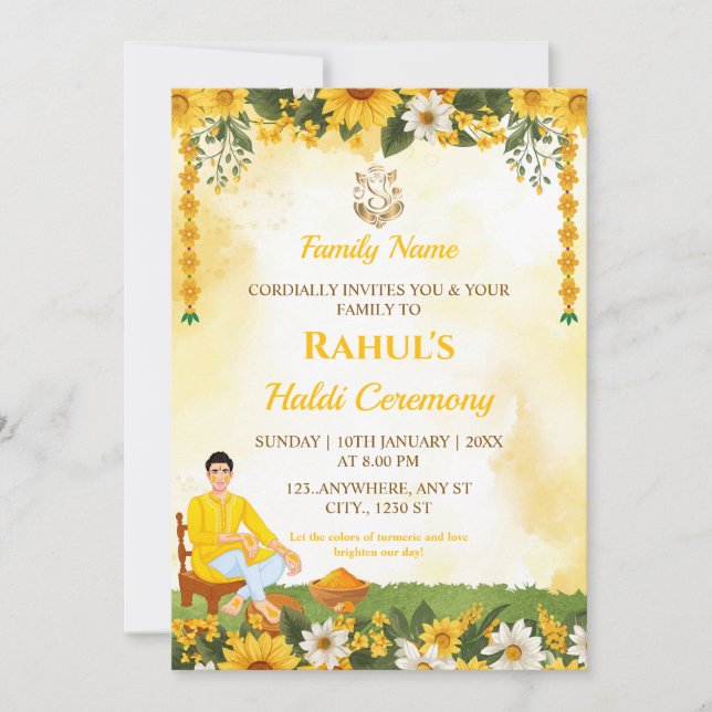 Carte d'invitation pour la cérémonie Haldi du mari (Devant)