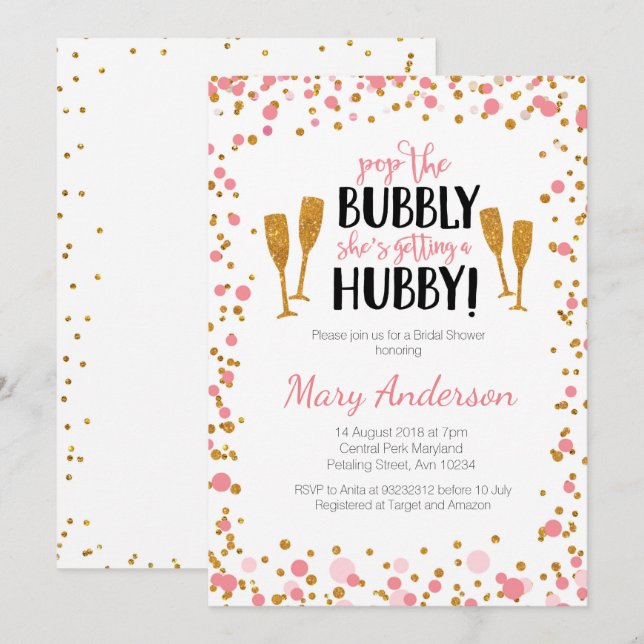 Carte d'invitation pour la douche nuptiale - or et (Devant / Derrière)