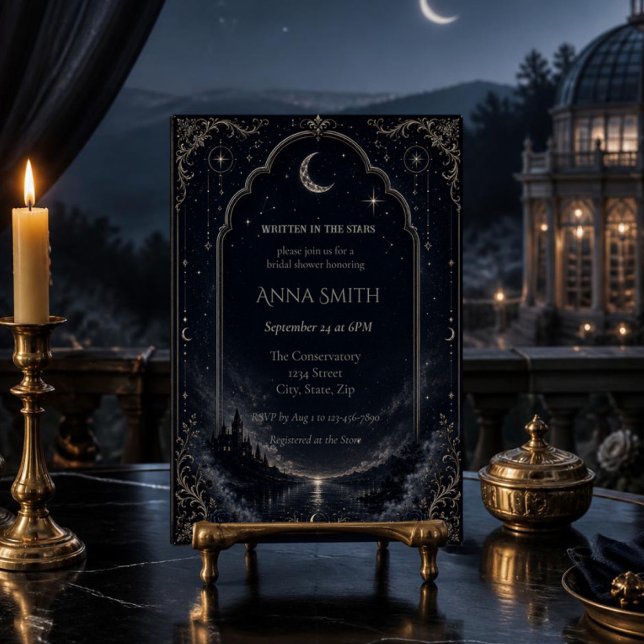 Carte d'invitation pour la fête de mariage écrite  (Elegant celestial bridal shower invitation with moon, stars & Art Deco style for a magical celebrati)