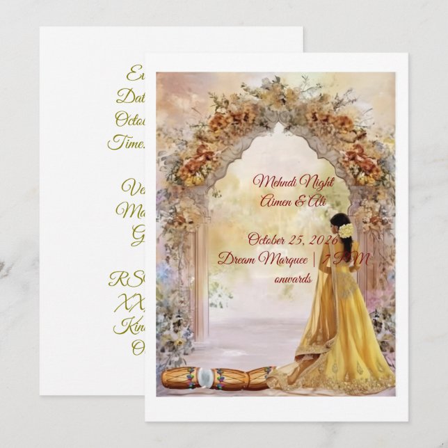 Carte d'invitation pour la nuit de Mehndi 2026 | F (Devant / Derrière)