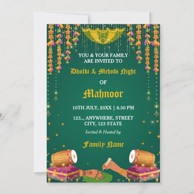 Carte d'invitation pour la soirée Dholki & Mehndi (Devant)