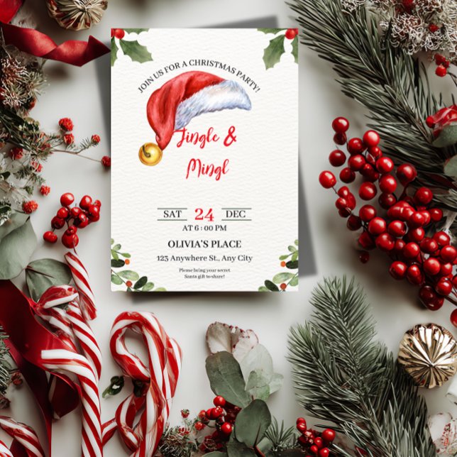 Carte d'invitation pour la soirée Jingle & Mingle  ("Jingle, Mingle & Swap Gifts! 🎄 The perfect, customizable invite for your Friendsmas & Secret Santa)