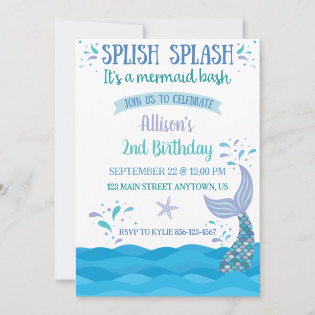 Carte d'invitation pour l'anniversaire Blue Mermai (Devant)