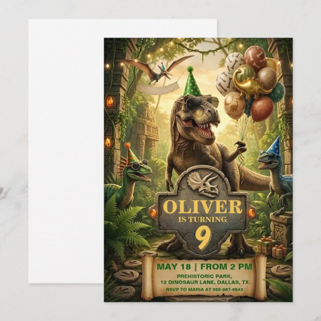 Carte d'invitation pour l'anniversaire de dinosaur (Devant / Derrière)