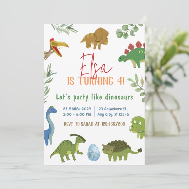 Carte d'invitation pour l'anniversaire de Dinosaur (Debout devant)