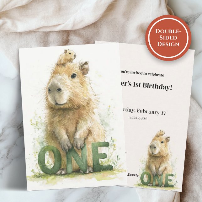 Carte d'invitation pour le 1er anniversaire de Cap (Watercolor capybara with green ONE letters on a soft birthday invitation background)