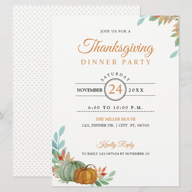 Carte d'invitation pour le dîner de Thanksgiving C (Devant / Derrière)