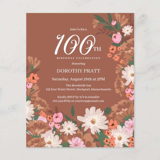 Carte d'invitation pour les 100 ans avec motif flo (Devant)