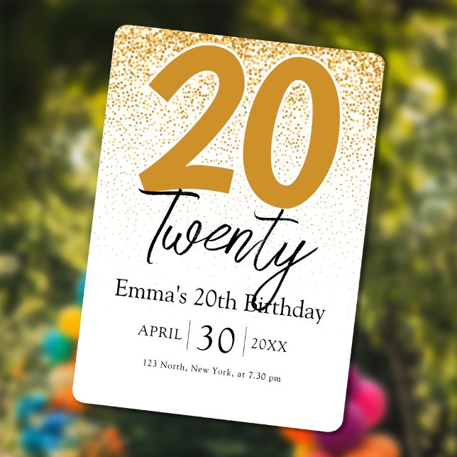 Carte d'invitation pour les 20 ans de la fille au  (Golden glitter Girl 20th birthday invitation card)