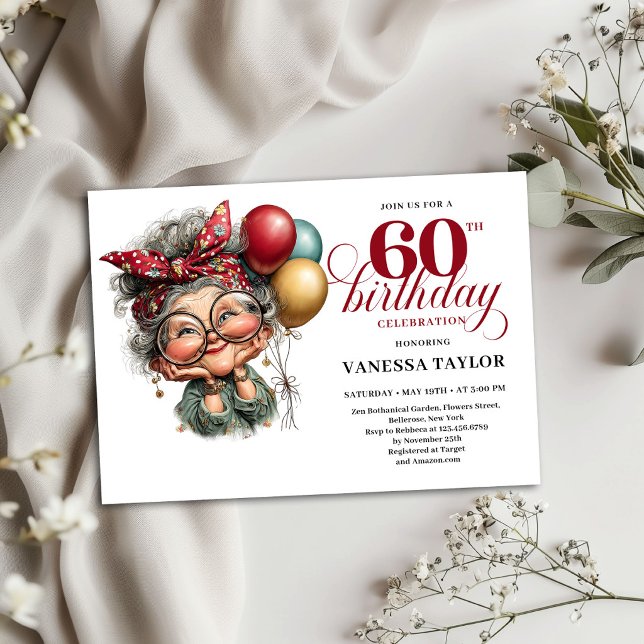 Carte d'invitation pour les 60 ans, design drôle p (60th Birthday Invitation Card Funny Lady Design)