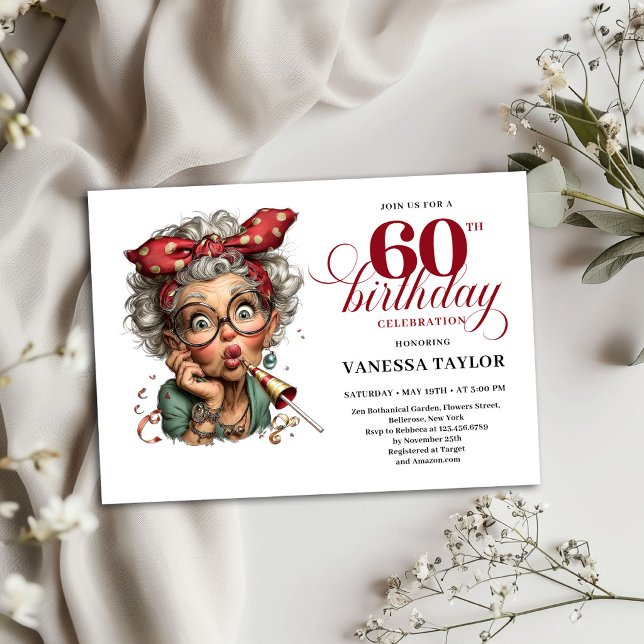 Carte d'invitation pour les 60 ans Drôle et Origin (60th Birthday Invite Card Quirky Funny Old Lady)