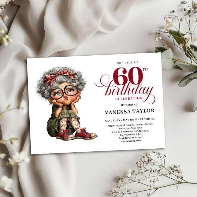 Carte d'invitation pour les 60 ans d'une femme âgé (Old Woman Humor 60th Birthday Invite Party Card)
