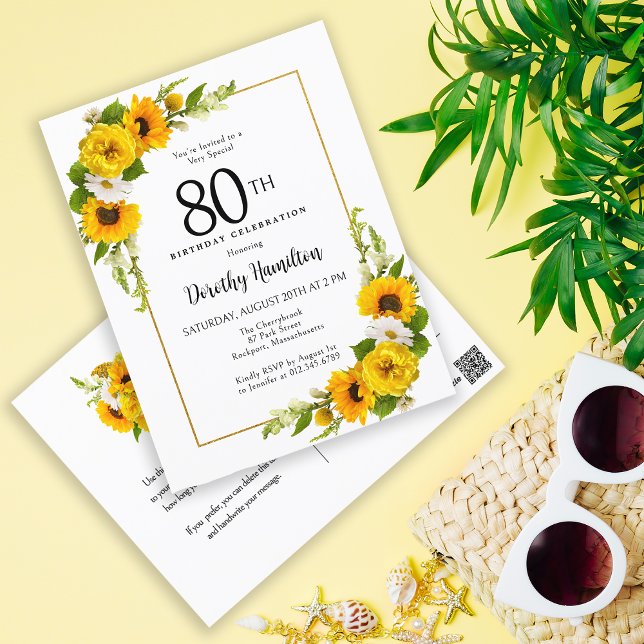 Carte d'invitation pour les 80 ans avec tournesol  (Créateur téléchargé)