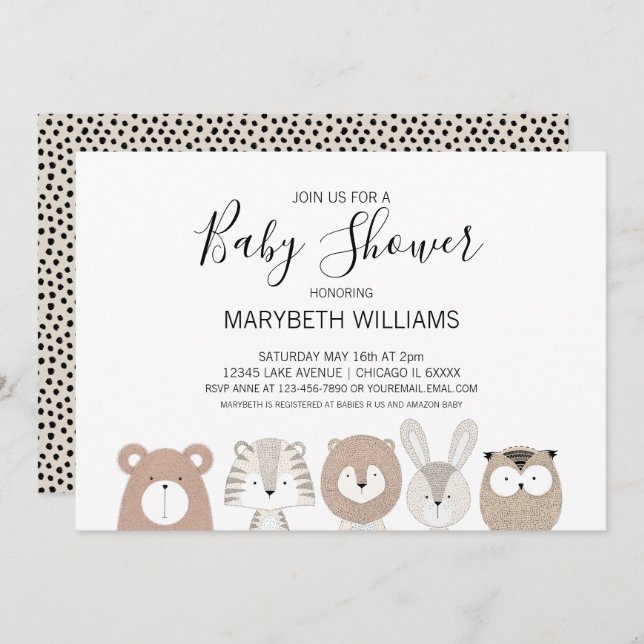 Carte d'invitation pour les animaux mignons Baby s (Devant / Derrière)