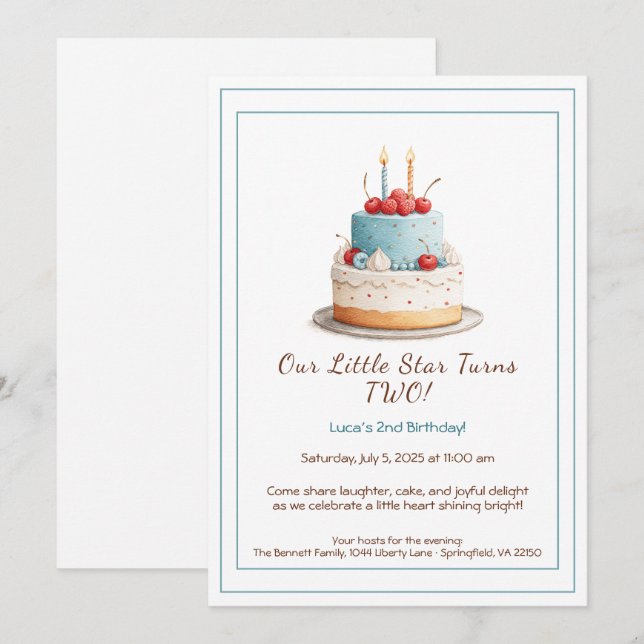 Carte d'invitation pour un 2e anniversaire – Gâtea (Devant / Derrière)