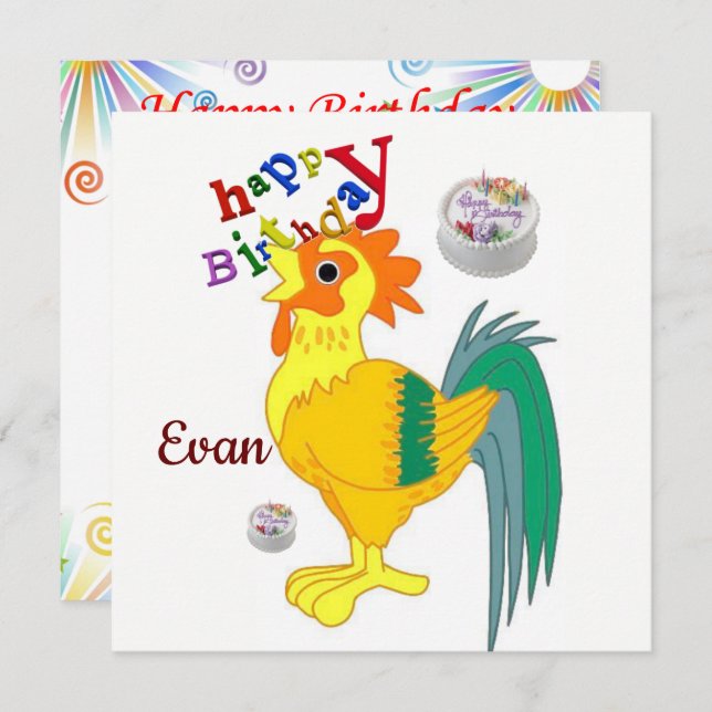 Carte d'invitation pour un anniversaire Coq (Devant / Derrière)