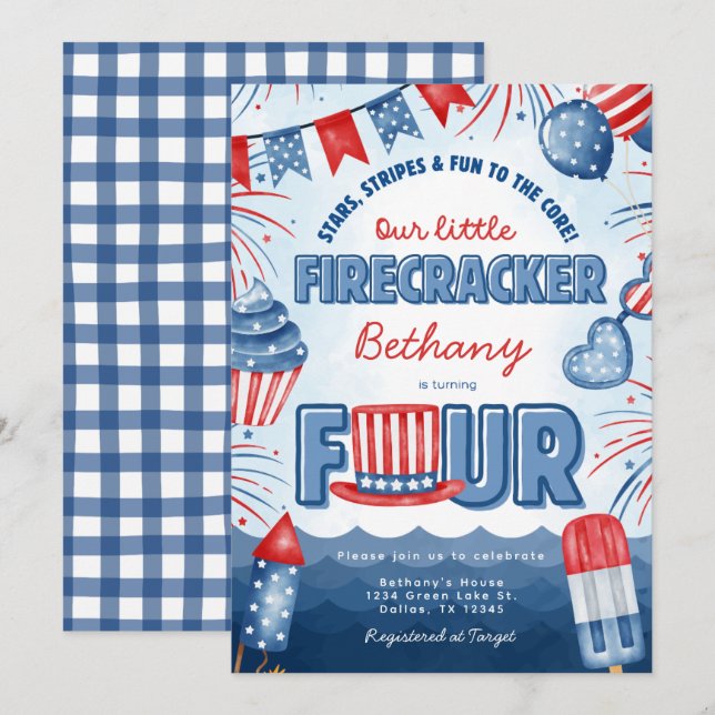 Carte d'invitation pour un anniversaire le 4 juill (Devant / Derrière)