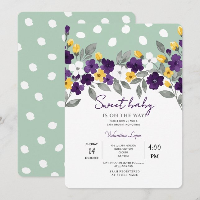 Carte d'invitation pour une baby shower avec fleur (Devant / Derrière)