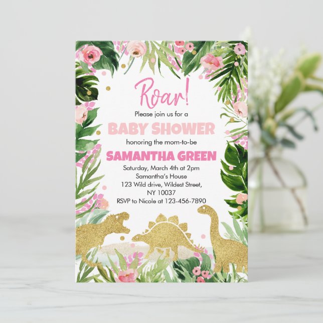 Carte d'invitation pour une Baby Shower Fille Dino (Debout devant)