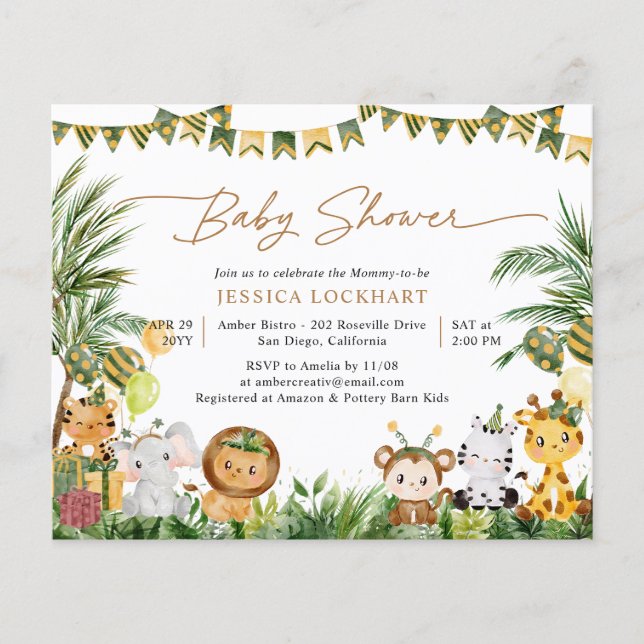 Carte d'invitation pour une Baby Shower Jungle à b (Devant)
