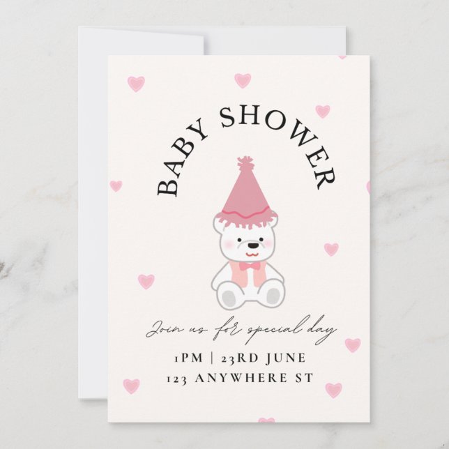 Carte d'invitation pour une baby shower Ourson Ros (Devant)