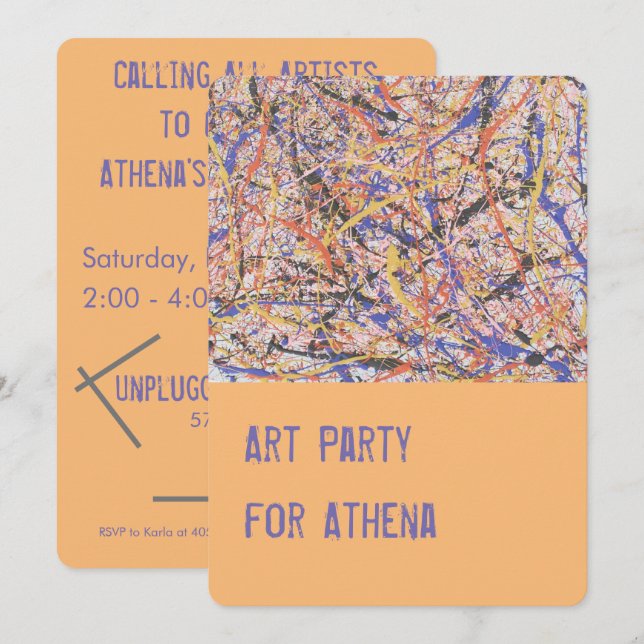 Carte d'invitation pour une fête artistique Artsy (Devant / Derrière)