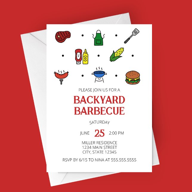 Carte d'invitation pour une fête avec des icônes d (Modern Minimalist Backyard Barbecue Line Icons Summer Party Invitation)