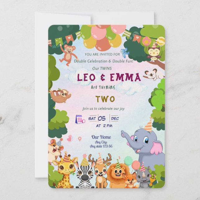 Carte d'invitation pour une fête d'animaux sauvage (Devant)