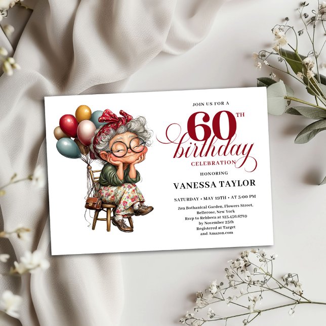 Carte d'invitation pour une fête d'anniversaire de (Funny Old Lady Invite 60th Birthday Party Card)